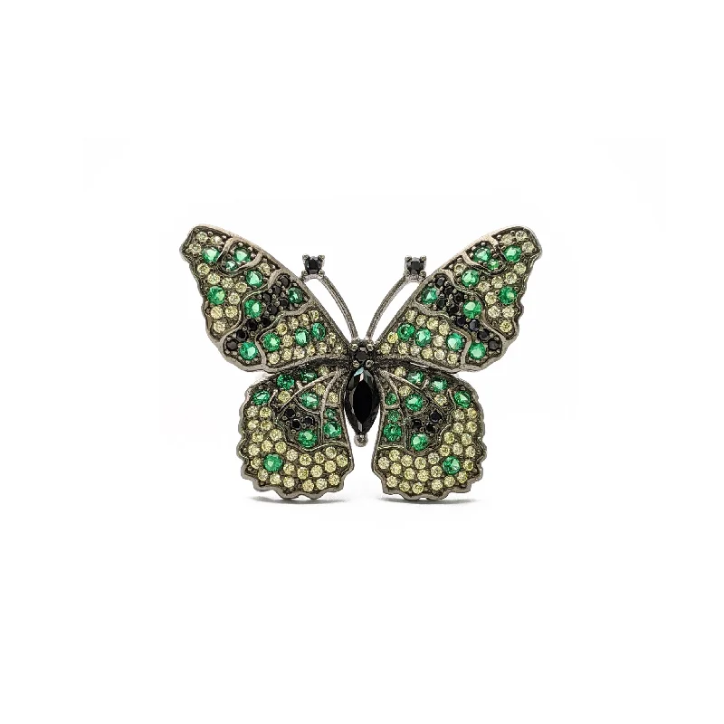 Unique Custom Rings For Fashion-Forward Style-Green Spotted Butterfly Ring (Silver)