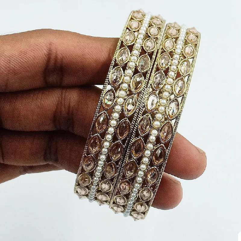 Sparkling Gemstone Wedding Bangles For Brides-Jcm Gold Plated Crystal Stone And Pearls Bangles Set