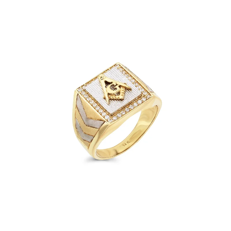 Simple Diamond Rings For Elegant Beauty-Two-Tone Pave Masonic Men's Ring (14K)