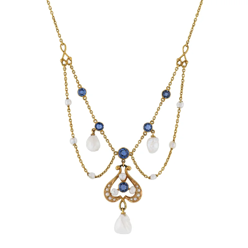 Antique Yogo Sapphire and Pearl Yellow Gold Necklace