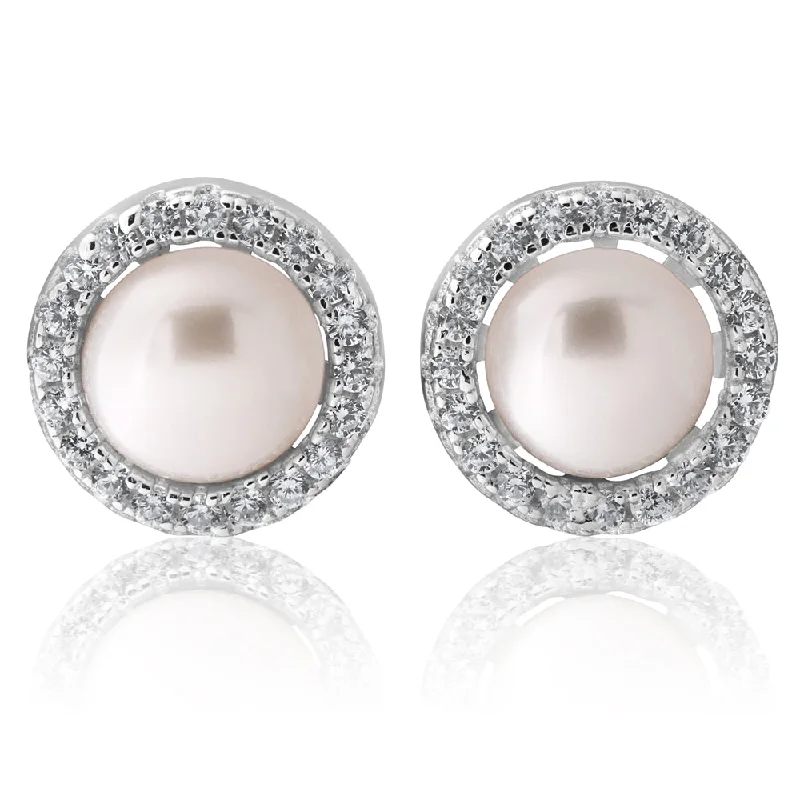 Creative Earrings For Fun Outfits-Sterling Silver Cubic Zirconia + Pearl Halo Stud Earrings