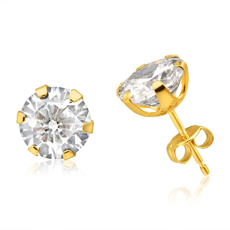 Bold Beaded Earrings For Artistic Flair-9ct Yellow Gold Cubic Zirconia 8mm 6 Claw Stud Earrings