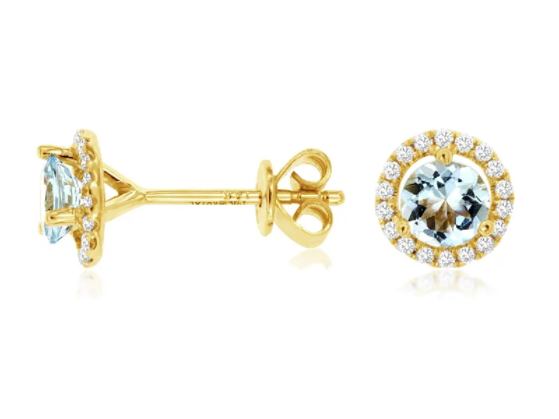 Intricate Earrings For Unique Styles-Aquamarine & Diamond Earrings with Diamond Halo set in 14kt Yellow Gold