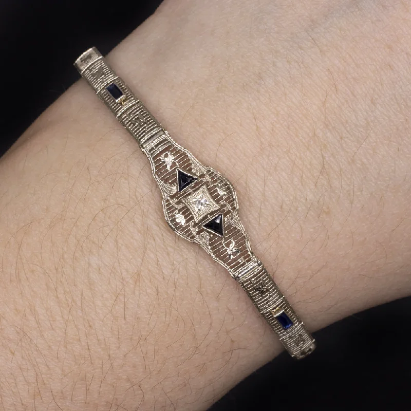 Timeless Platinum Bracelets For Luxury Glam-VINTAGE DIAMOND SAPPHIRE 14k WHITE GOLD BRACELET FILIGREE ART DECO BLUE ESTATE