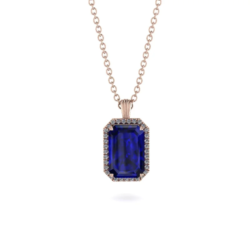 Halo Emerald Cut Sapphire Necklace - Izabella No. 14