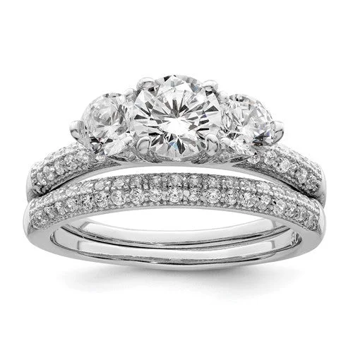 Simple Wedding Bands For Elegant Vows-Sterling Silver CZ 3 Stone Pave Band Engagement Ring Set