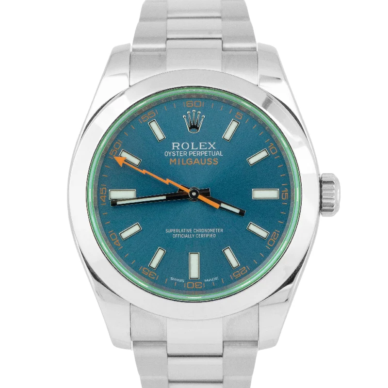 Luxury Watch Sets For Special Occasions-MINT Rolex Milgauss Z-Blue Anniversary Green Stainless Steel Watch 116400 GV