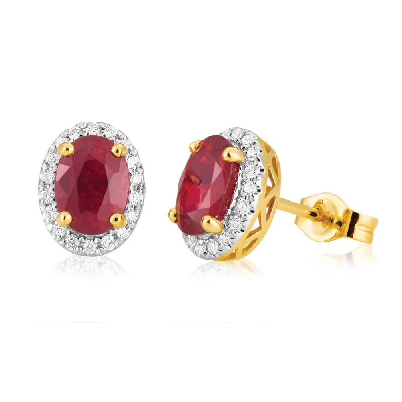 Cute Stud Earrings For Kids-9ct Yellow Gold Natural Enhanced/Treated Ruby and 0.15 Carat Diamond Stud Earrings