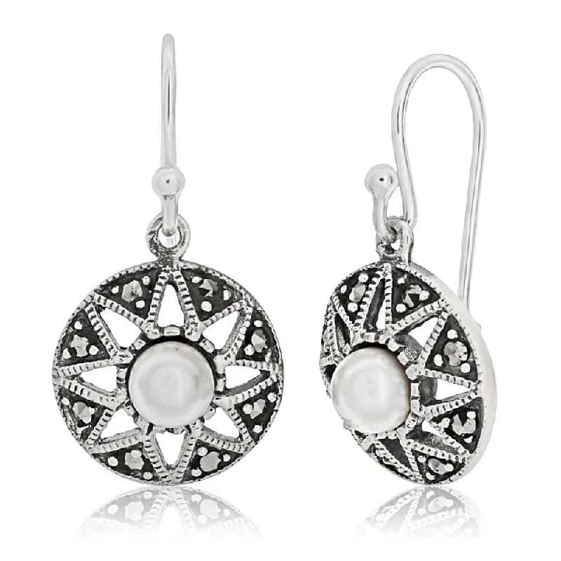 Handmade Dangle Earrings For Artistic Fashion-Sterling Silver Round Marcasite + Pearl Earrings