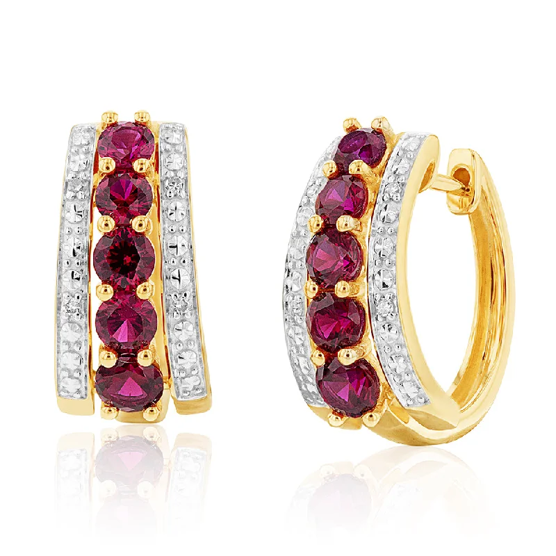 Shiny Earrings For Special Celebrations-9ct Yellow Gold Created Ruby and Diamond Huggie Hoop Earrings