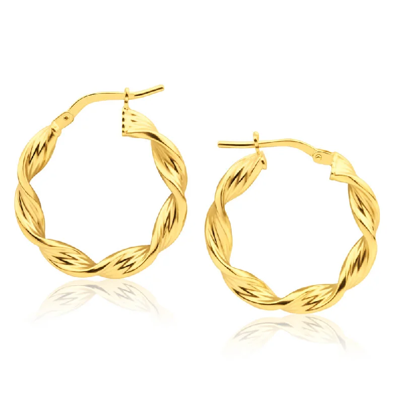 Diamond-like Earrings For Stunning Looks-9ct Yellow Gold Silver Filled Swirl Twist 15mm Hoop Earrings