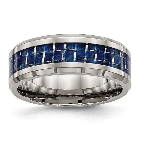 Stunning Gemstone Rings For Bold Statements-Titanium Blue Carbon Fiber Inlay Polished 8mm Band