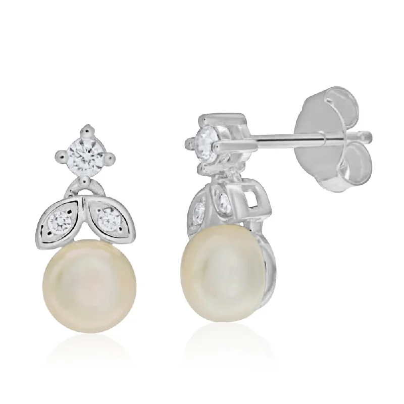 Trendy Drop Earrings For Fashionistas-Sterling Silver Freshwater Pearl and Zirconia Stud Earrings