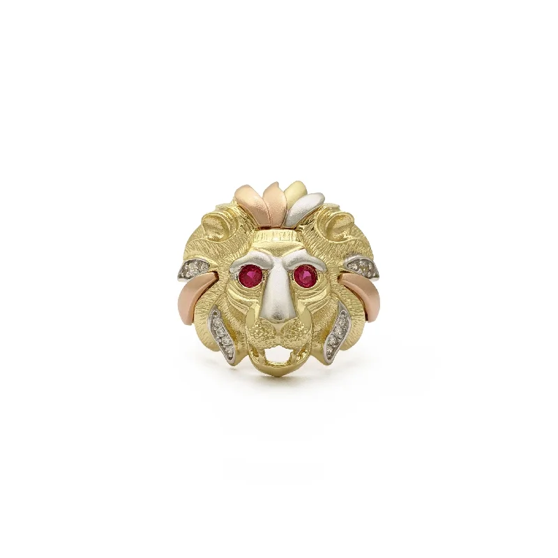 Colorful Gemstone Rings For Statement Fashion-Tri-Color Maned Lion's Head Ring (14K)