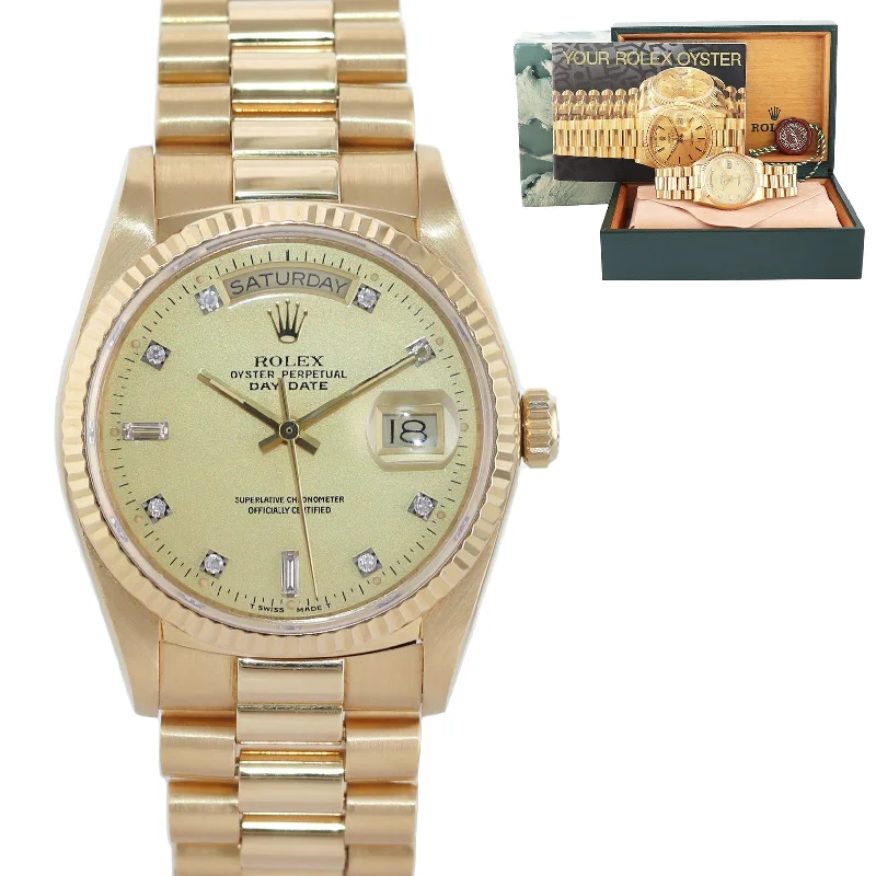 Custom Engraved Watches For Personalized Gifts-MINT Rolex President Day Date Champagne Diamond 18038 Quick Set Yellow Gold Watch