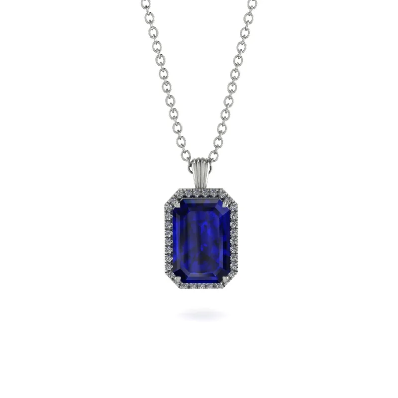 Halo Emerald Cut Sapphire Necklace - Izabella No. 15