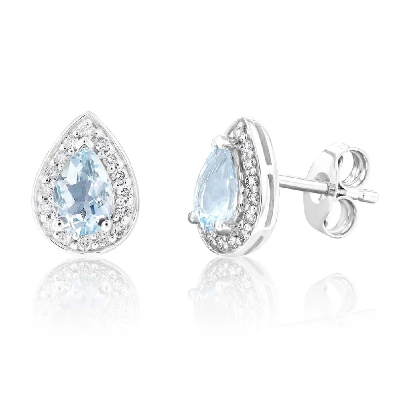 Fancy Earrings For Dinner Parties-9ct White Gold 1/3ct Aquamarine and 0.15 Carat Diamond Pear Halo Stud Earrings