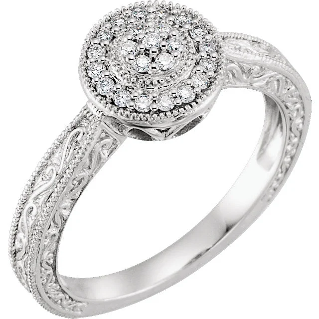 Custom Stackable Rings For Layered Looks-10K White Gold 1/6 CTW Diamond Multi Stone Halo Filigree Carved Promise Ring