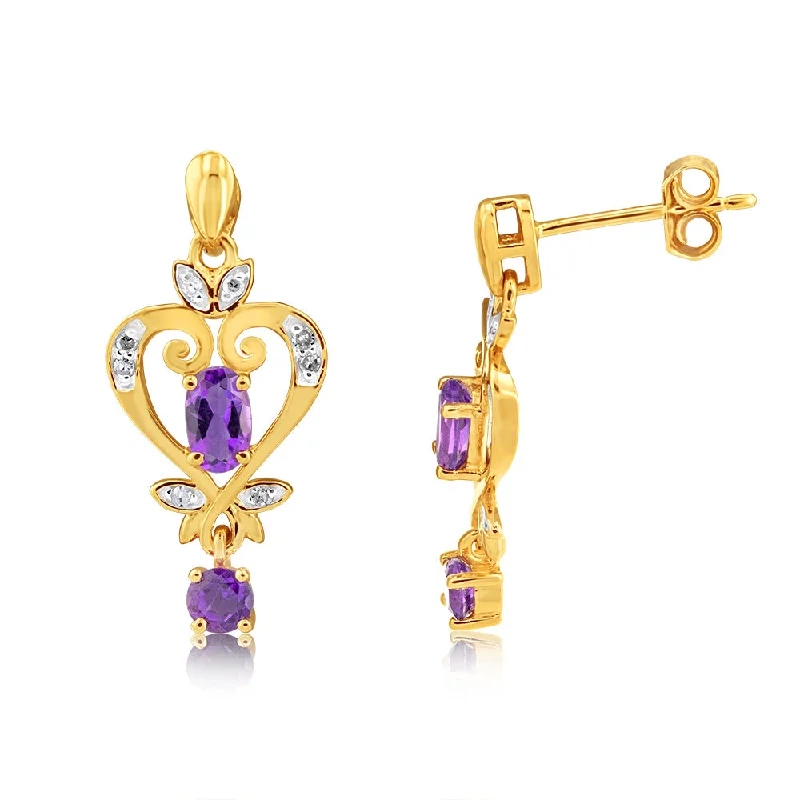 Stunning Earrings For Evening Glam-9ct Yellow Gold Amethyst And Diamond Drop Earrings