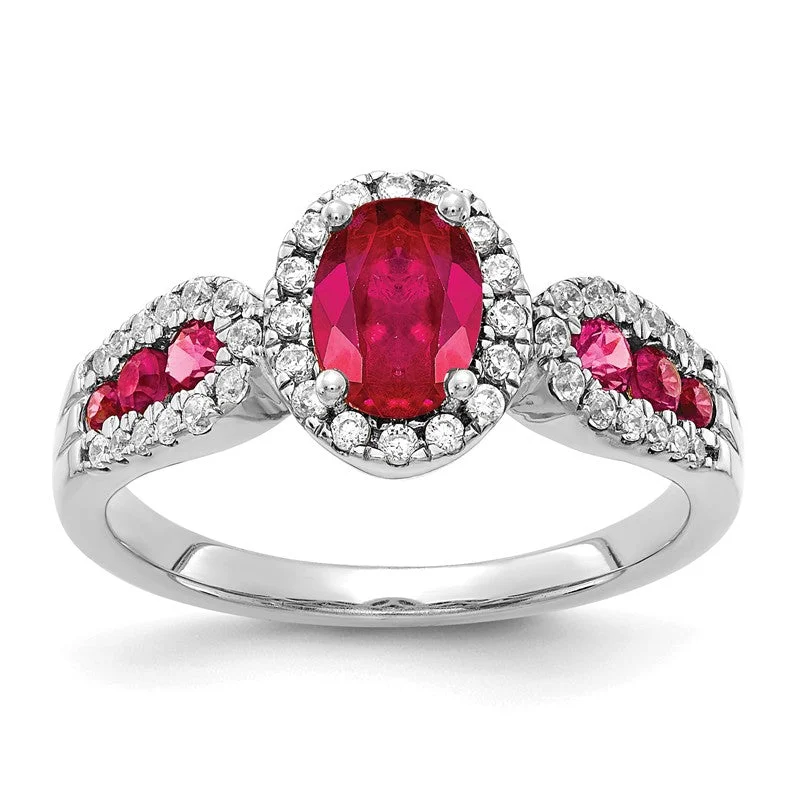 Personalized Wedding Rings For Custom Designs-14K White Gold Oval Genuine Ruby And Channel Set Diamond Halo Ring