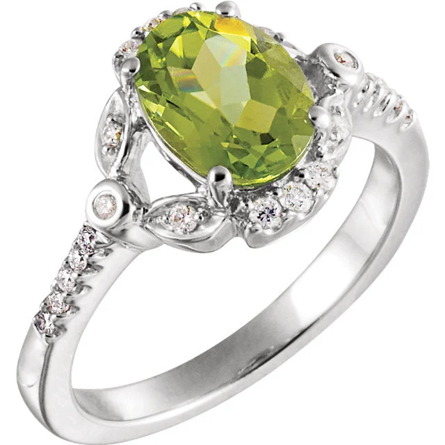 Trendy Fashion Rings For Modern Styles-14k White Gold Genuine Oval Peridot & Diamond Accented Ring