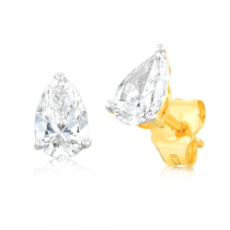 Ethnic Earrings For Cultural Celebrations-Luminesce Lab Grown Pear Shaped 1 Carat Diamond Stud Earrings in 14ct Yellow Gold