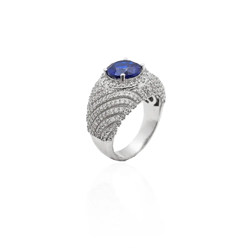 Elegant Promise Rings For Meaningful Gifts-Blue Stone Gem-Striated Ring (Silver)