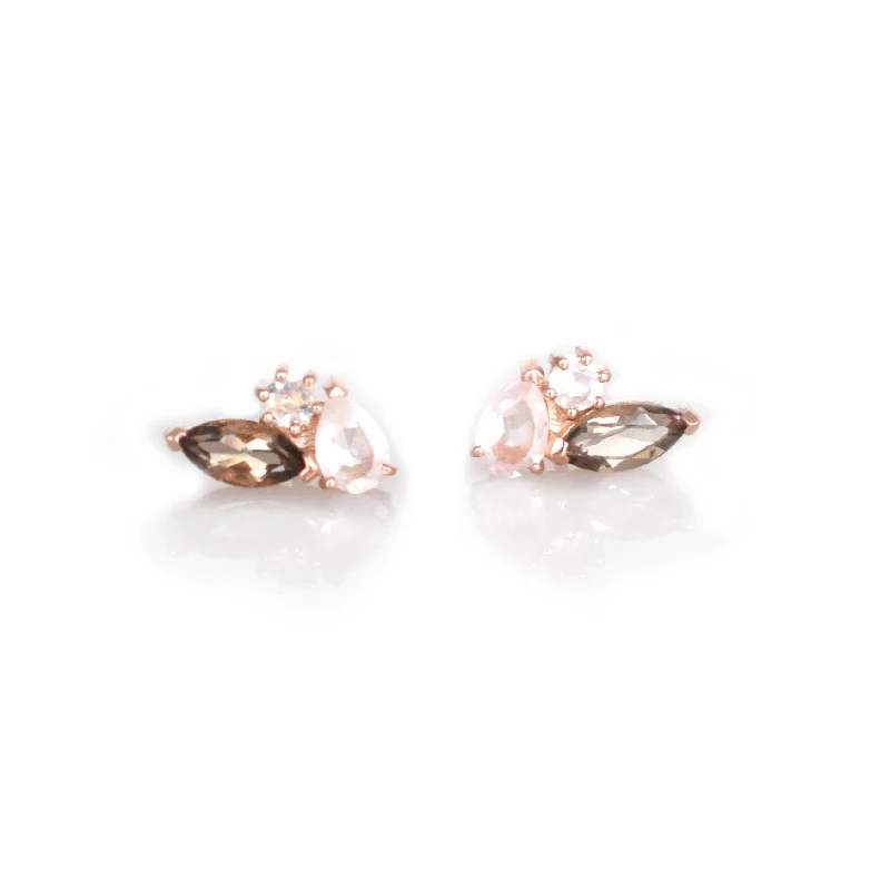 Dazzling Earrings For Party Time-Rose Gold Smoky Quartz & Moonstone Sweet Pea Studs