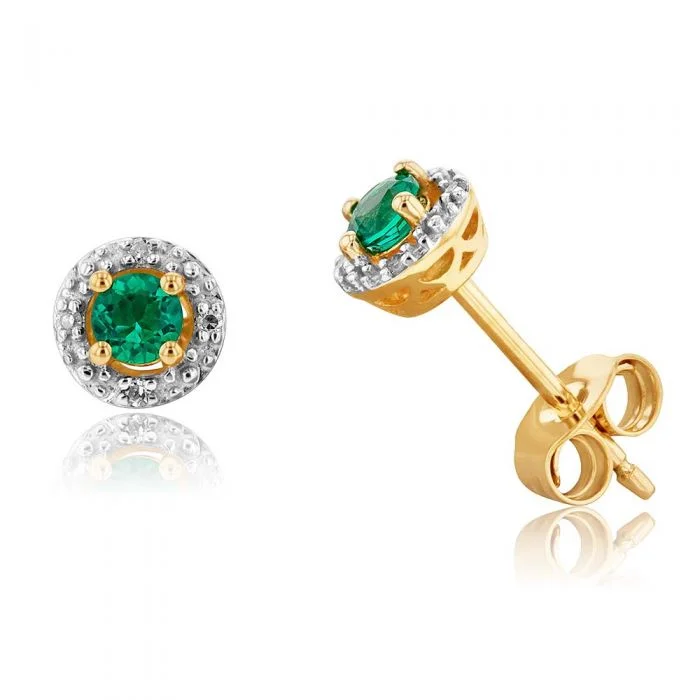 Classic Hoop Earrings For Timeless Style-9ct Yellow Gold Created Emerald and Diamond Halo Studs Earrings