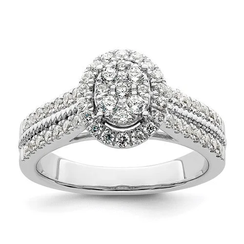 Trendy Stackable Rings For Modern Jewelry-14k White Gold Complete Diamond Oval Halo Cluster Engagement Ring