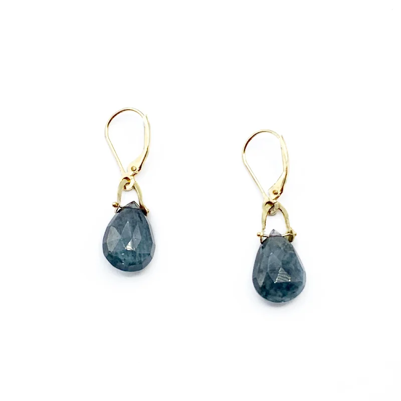 Silver Stud Earrings For Effortless Chic-Moss Aqua Drops on 14 Karat Yellow Gold Wire Earrings