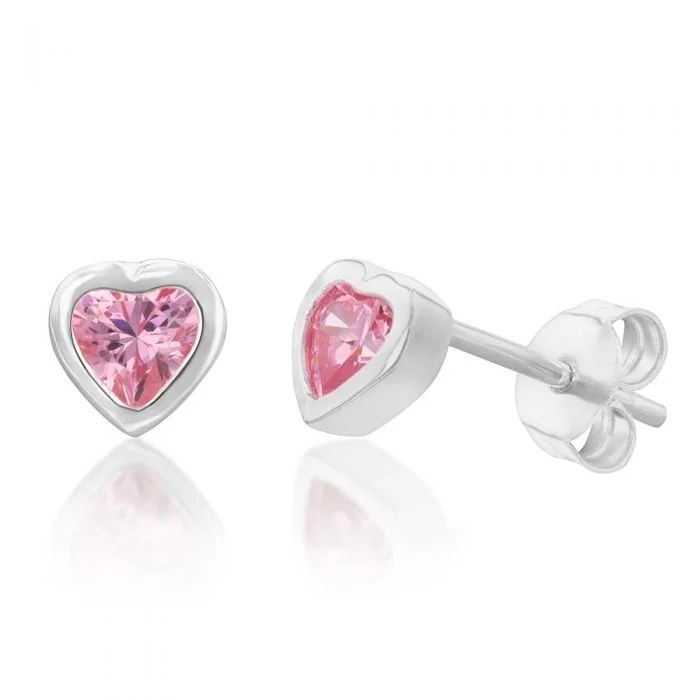 Affordable Fashion Earrings For Teenagers-Sterling Silver Pink Cubic Zirconia Heart Stud Earrings