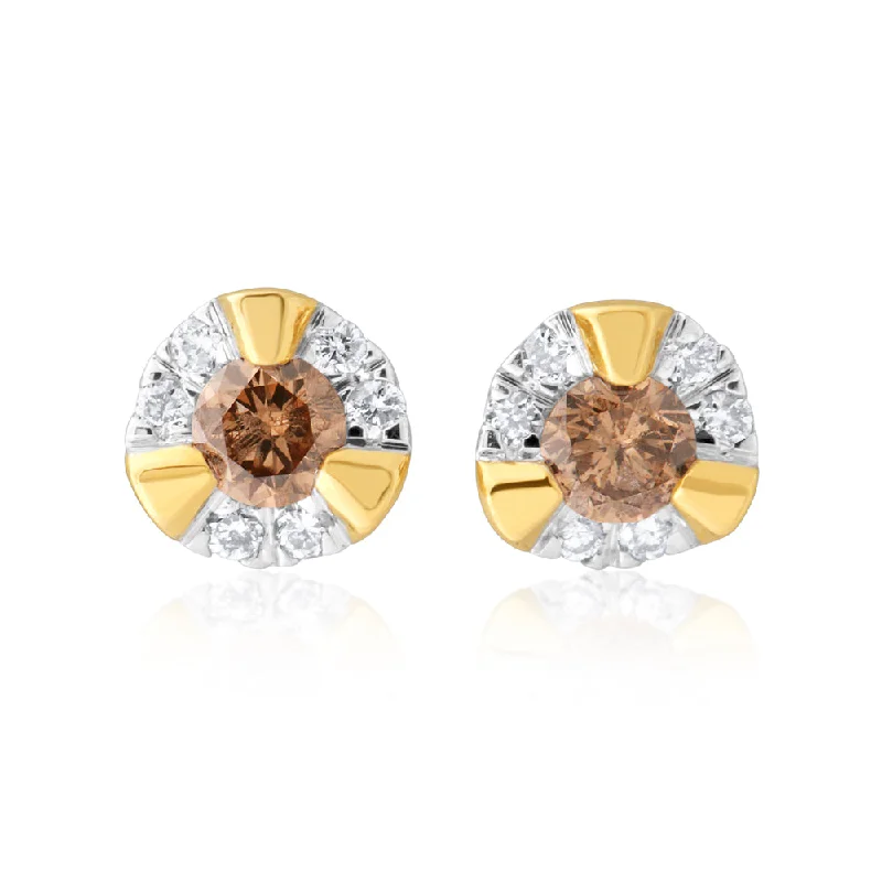 Sparkling Earrings For Formal Gatherings-9ct Yellow Gold Australian Champagne Diamond Earrings with 1/4 Carat of Diamonds