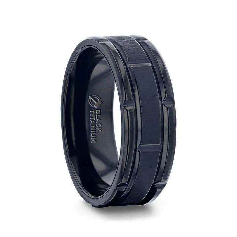 Classic Gold Wedding Bands For Timeless Beauty-Thorsten WYNN Alternating Grooves And Horizontal Etched Finish Black Titanium Men's Wedding Band With Alternating Grooved Beveled Polished Edges - 8mm