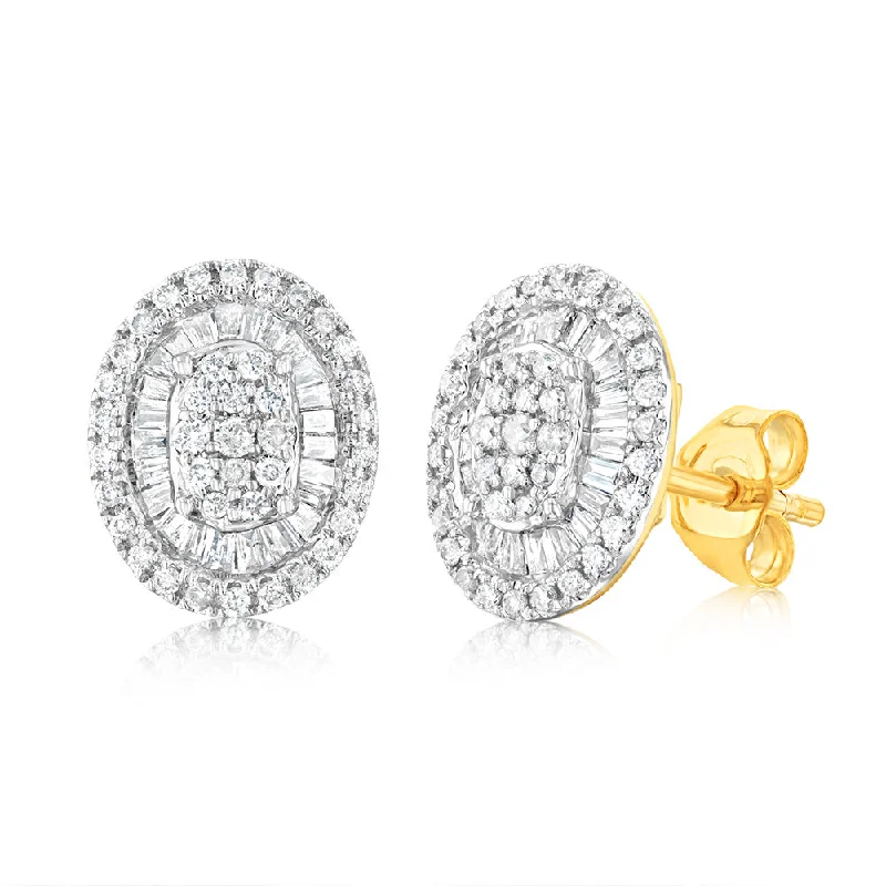 Soft Gold Earrings For Graceful Looks-9ct Yellow Gold Oval Shaped Stud Earrings in 1/2 Carat Natural Diamonds