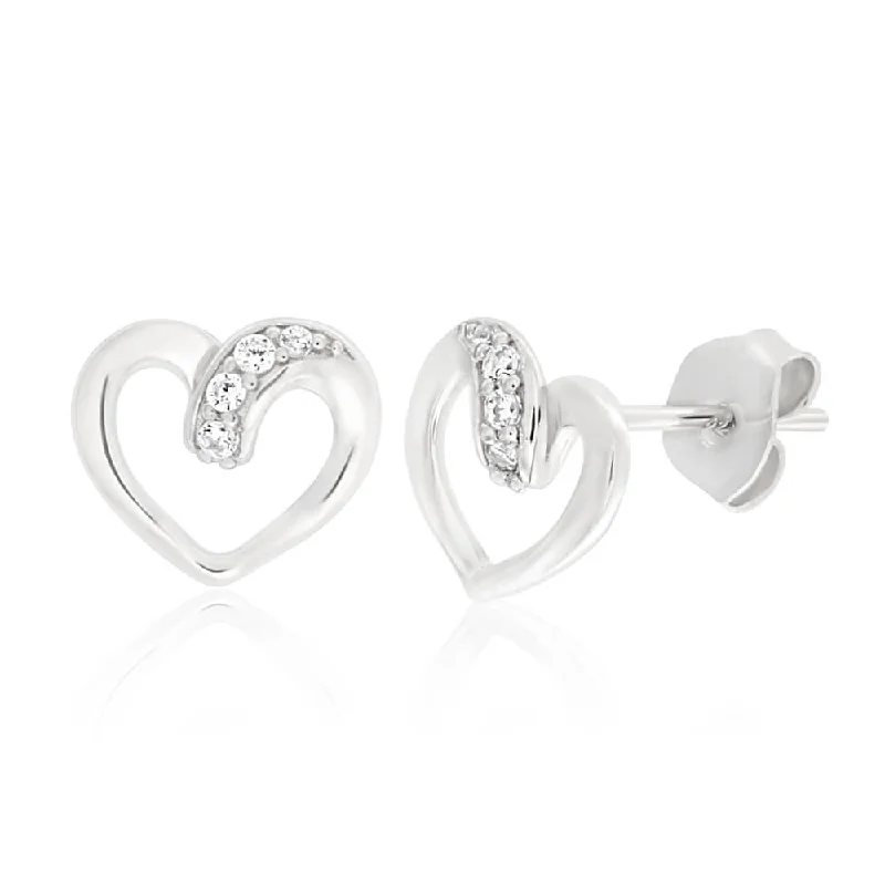 Silver Crystal Earrings For Night Glam-Sterling Silver Rhodium Plated Cubic Zirconia Open Heart Stud Earrings