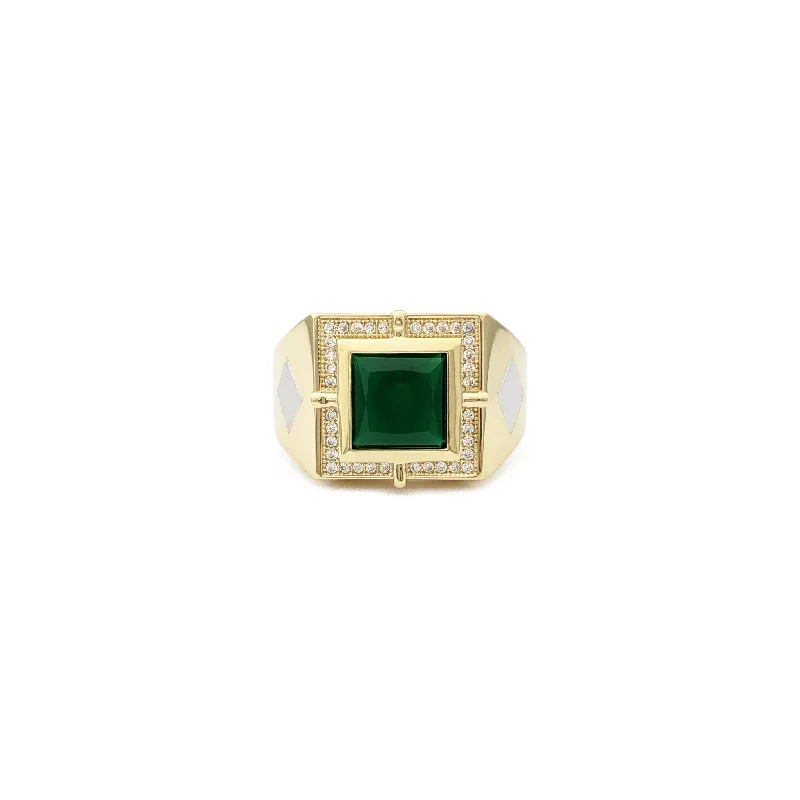 Simple Gold Rings For Elegant Glam-Square Faux Emerald Two-Toned Ring (14K)