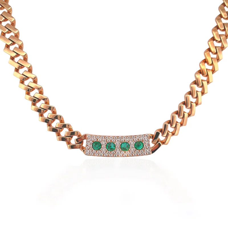 Spiked Emerald and Diamond Plate Chain Link Necklace