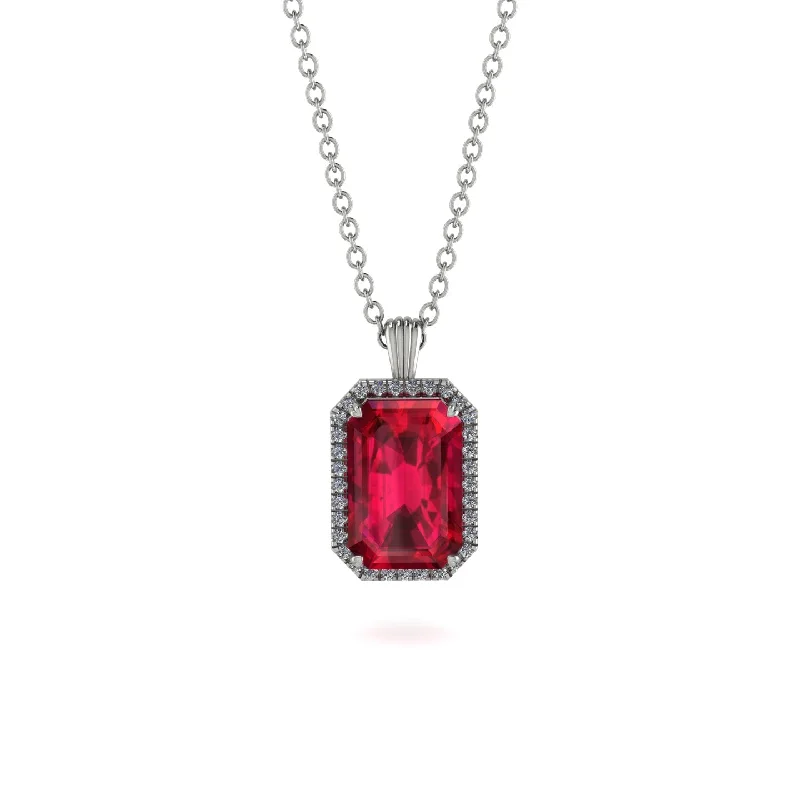 Halo Emerald Cut Ruby Necklace - Izabella No. 12