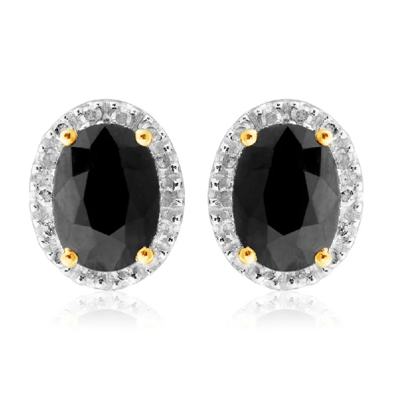 Rose Gold Earrings For Stylish Touch-9ct Yellow Gold 5X7mm Oval Cut Natural Sapphire and 0.14 Carat Diamond Stud Earrings