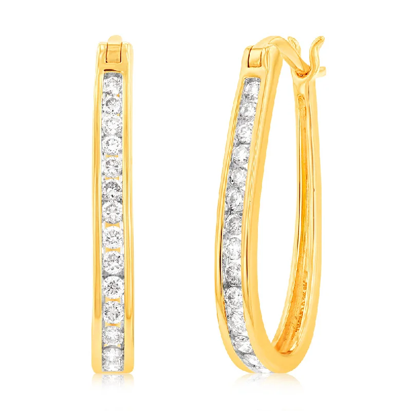 Fancy Earrings For Formal Gatherings-9ct Yellow Gold 1/2 Carat Chanel Set Hoop Earrings with 28 Brilliant Diamonds