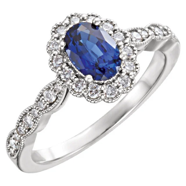 Custom Gemstone Rings For Personalized Style-14k White Gold Oval Created Blue Sapphire & Diamond Halo Ring