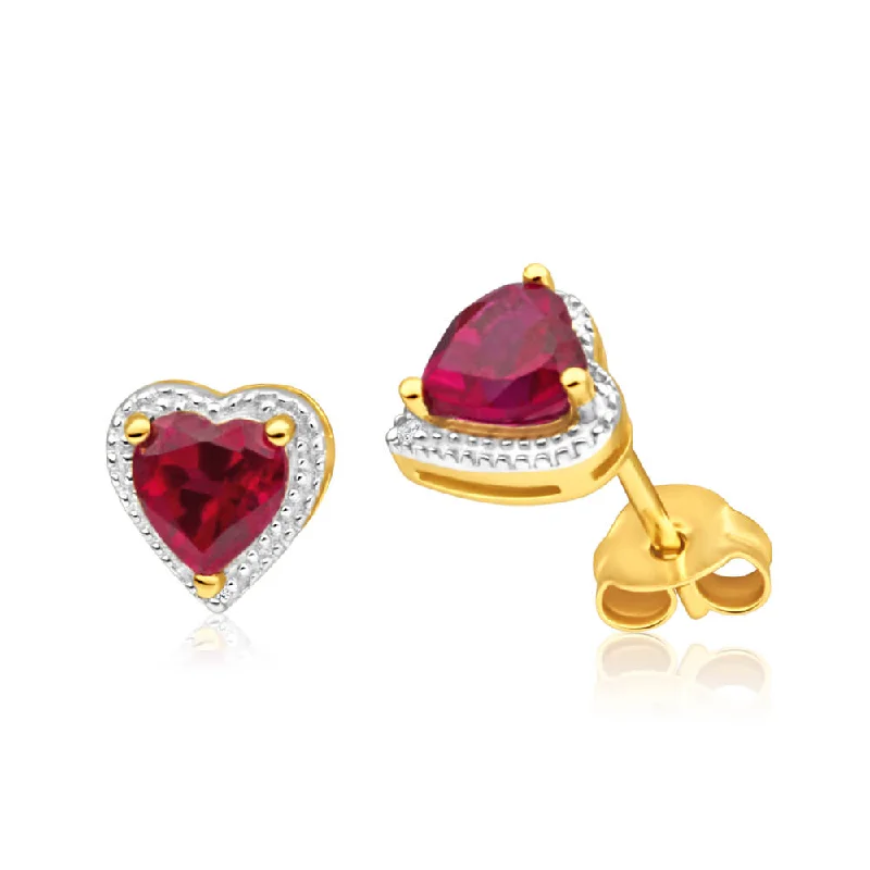 Stunning Drop Earrings For Special Moments-9ct Radiant Yellow Gold Created Ruby + Diamond Stud Earrings