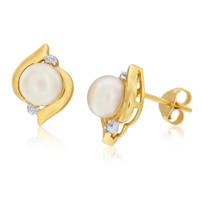 Silver Earring Cuffs For Modern Style-9ct Yellow Gold Freshwater Pearl and Diamond Stud Earrings