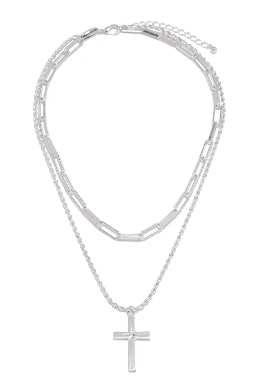 Ester Layered Cross Pendant Necklace - Silver