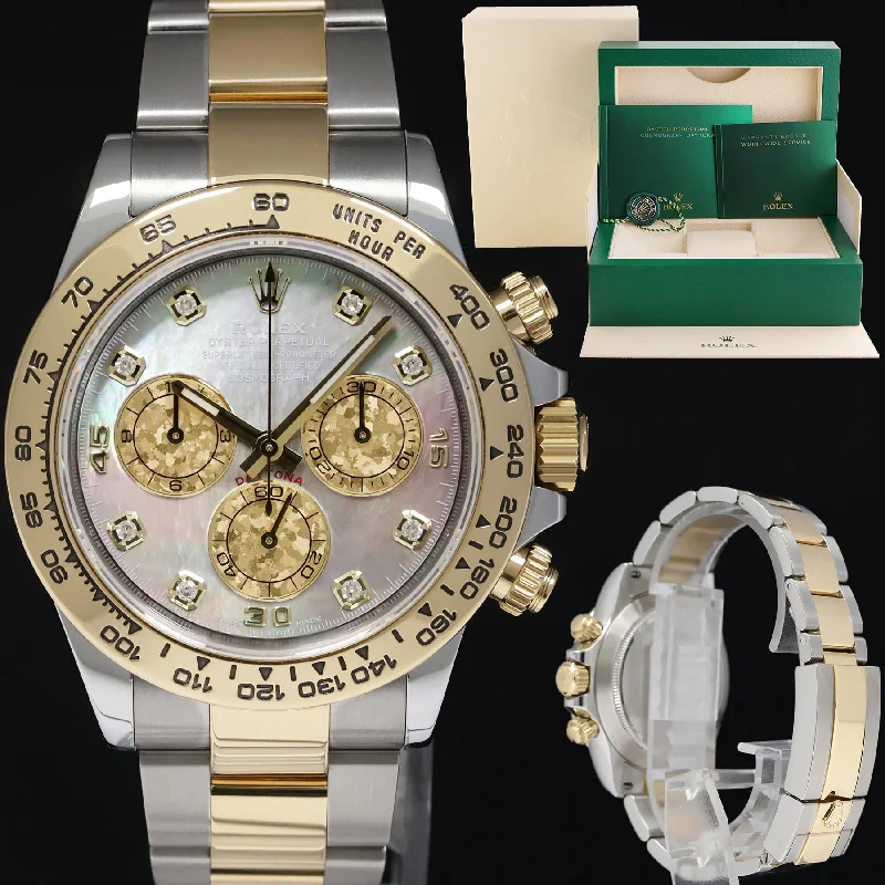 Timeless Designer Watches For High-End Glam-2020 MINT Rolex Daytona 116503 Dark Mop Crystal 8 Diamond Two Tone Gold Watch Box