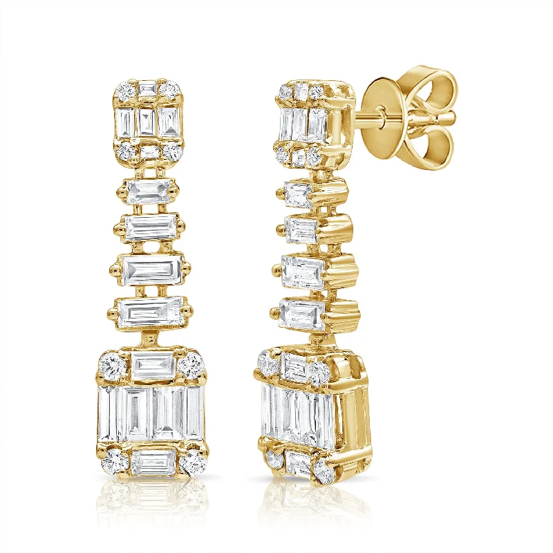 Party Earrings For Bold Styles-1.68ct Illusion Set Baguettes & Round Classic Diamond Drop Earrings