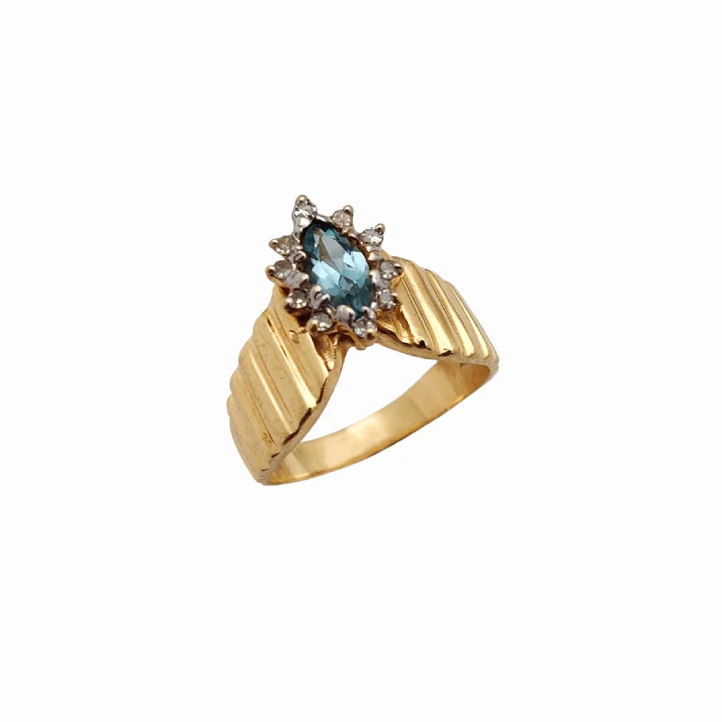 Elegant Rose Gold Rings For Chic Fashion-Light Blue Marquise Halo Stone Pleated Chevron Ring (14K)