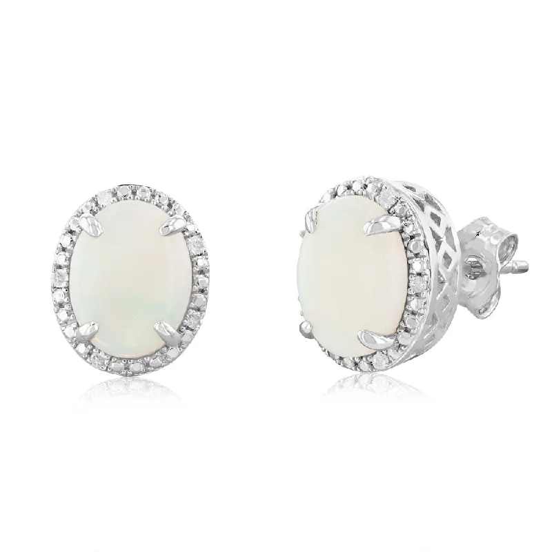 Fashion Earrings For Casual Gatherings-Opal & 5 Points Diamond Stud Earrings in Sterling Silver