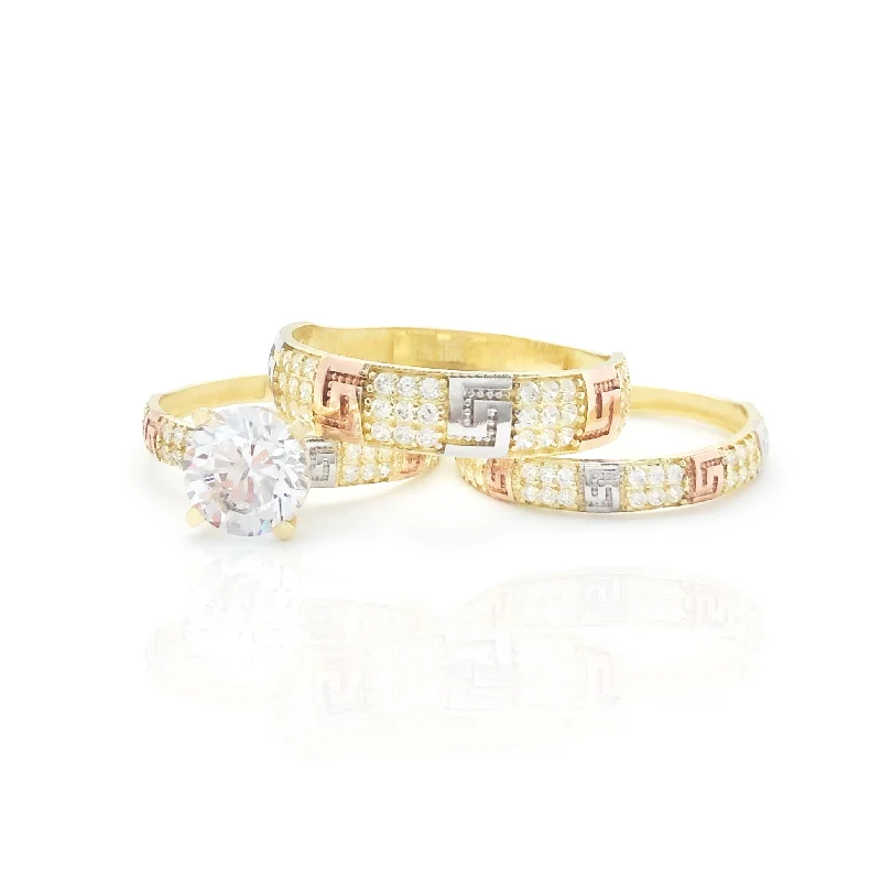 Gorgeous Gold Rings For Special Occasions-Tri-Color Greek Key Pattern Three Piece-Set Ring (10K)